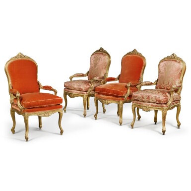 View full screen - View 1 of Lot 25. A Set of Four Large Louis XV Carved Giltwood Fauteuils à la Reine, Mid-18th Century.