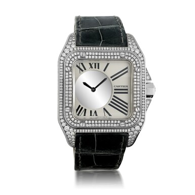 View full screen - View 1 of Lot 61. CARTIER | SANTOS 100 MYSTERIEUSE A LARGE LIMITED EDITION PALLADIUM AND DIAMOND SET MYSTERY WRISTWATCH, CIRCA 2010.