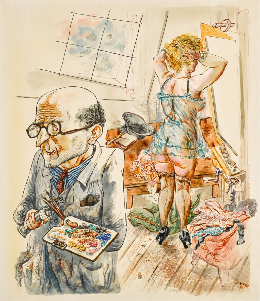 View full screen - View 1 of Lot 11. GEORGE GROSZ | SELBSTPORTRÄT MIT MODEL IM STUDIO (SELF-PORTRAIT WITH MODEL IN THE STUDIO).