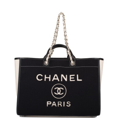 View full screen - View 1 of Lot 107. Chanel Black and White Large Deauville of Wool Felt with Silver Tone Hardware.