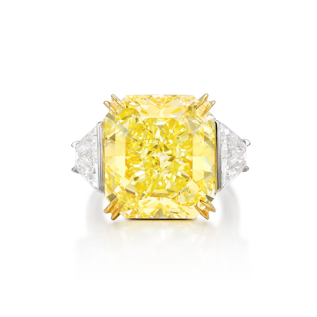 View full screen - View 1 of Lot 1880. Fancy Vivid Yellow Diamond and Diamond Ring, Mount by Bulgari | 17.03克拉 艷彩黄色鑽石 配 鑽石 戒指,寶格麗戒台.
