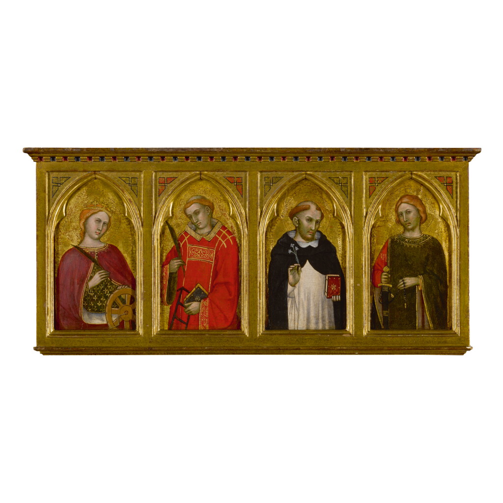 View full screen - View 1 of Lot 115. TADDEO DI BARTOLO | SAINTS CATHERINE OF ALEXANDRIA, LAWRENCE, DOMINIC, AND JULIAN.