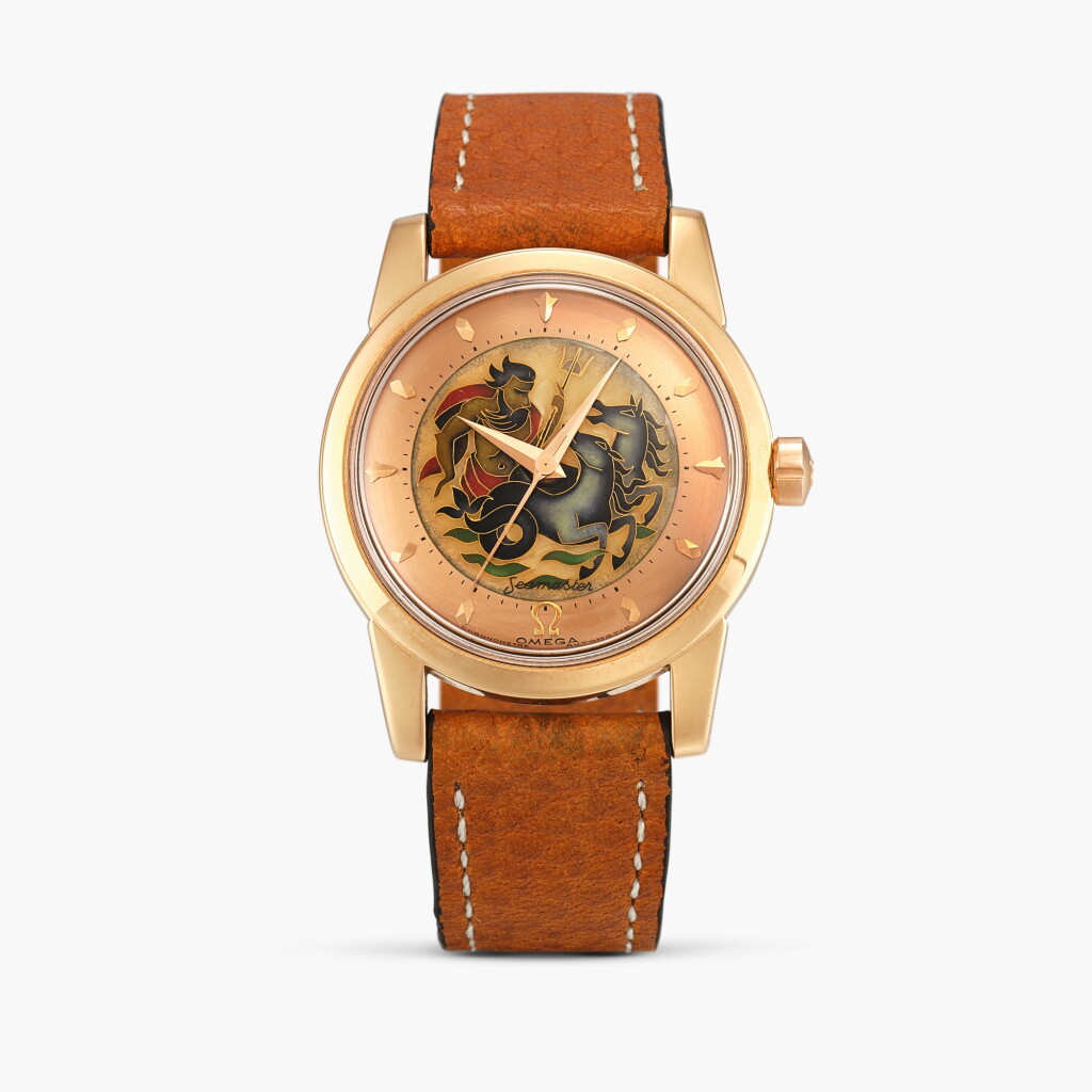 View full screen - View 1 of Lot 2286. Seamaster Cloisonné "Neptune", Reference OT 2520 | A yellow gold wristwatch with cloisonné enamel dial, Made in 1954.