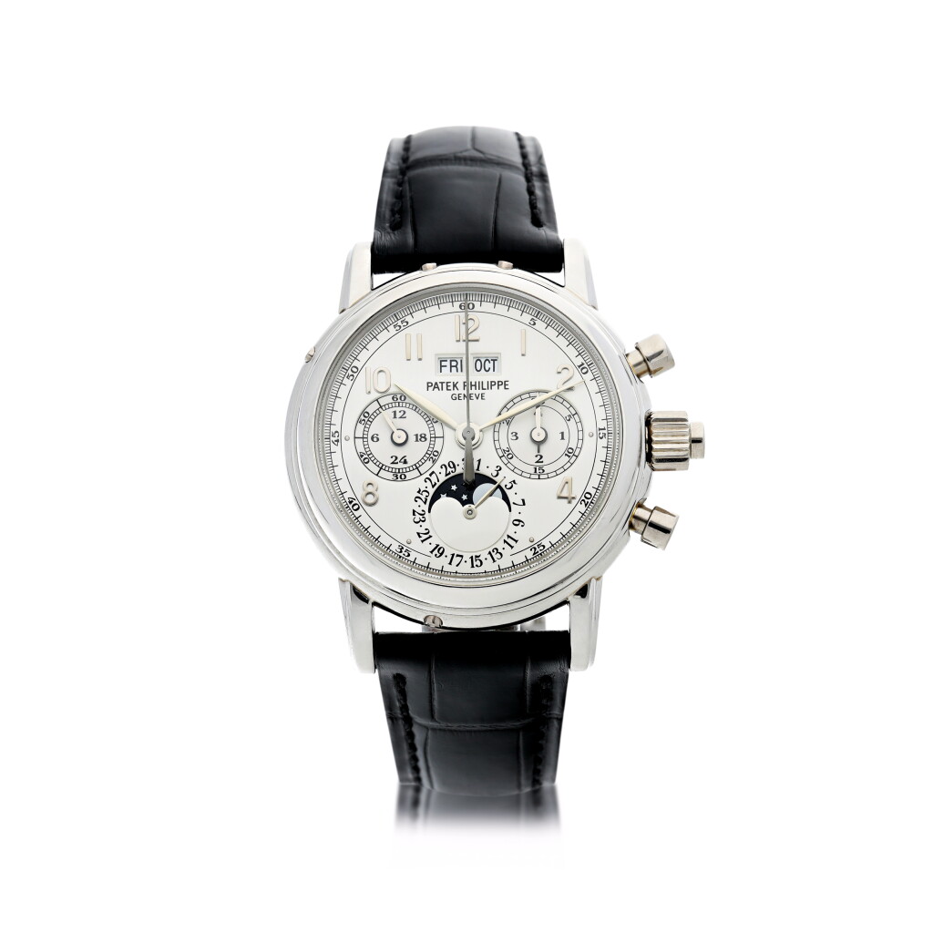 View full screen - View 1 of Lot 23. REFERENCE 5004P-001 A PLATINUM PERPETUAL CALENDAR SPLIT SECONDS CHRONOGRAPH WRISTWATCH WITH MOON PHASES, 24 HOURS AND LEAP YEAR INDICATION, CIRCA 1998.
