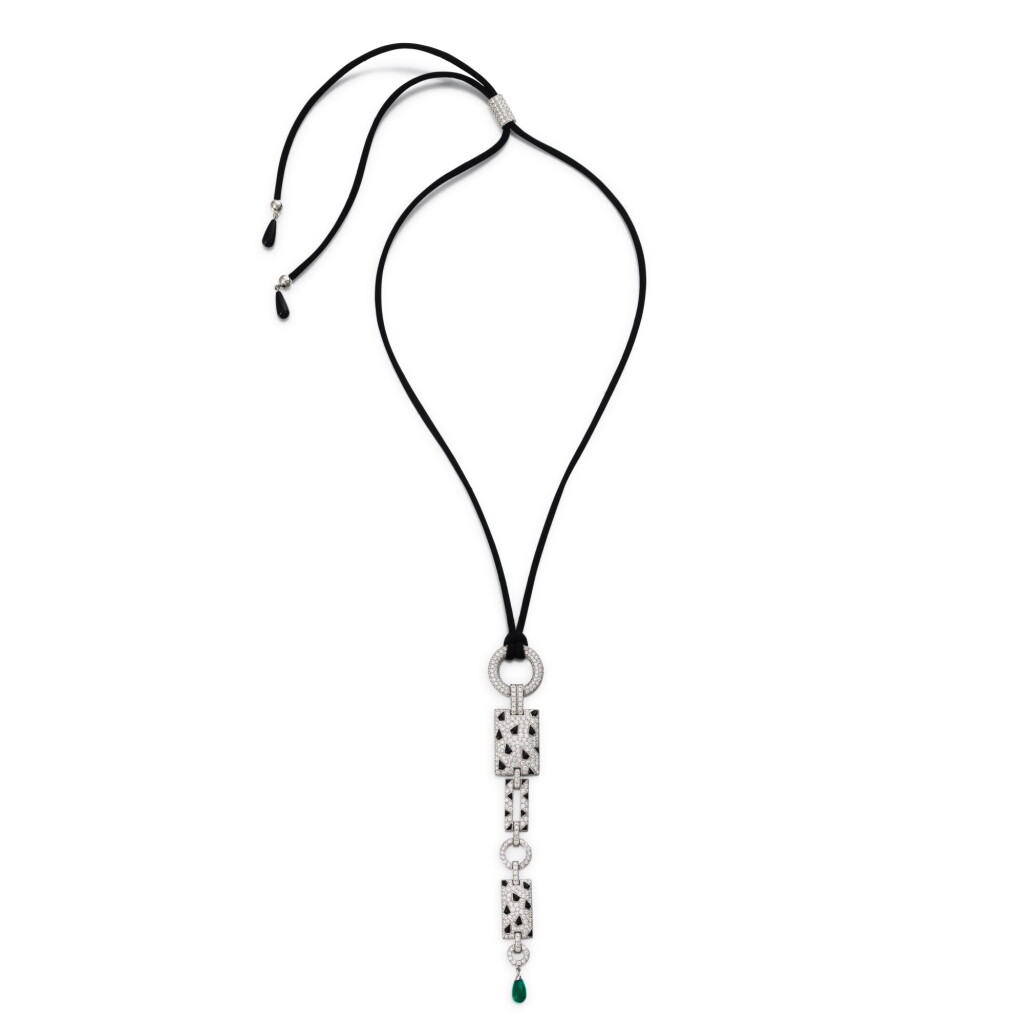 View full screen - View 1 of Lot 201. Collier émeraudes, diamants et onyx, "Panthère" | Emerald, diamond and onyx necklace, 'Panthère'.
