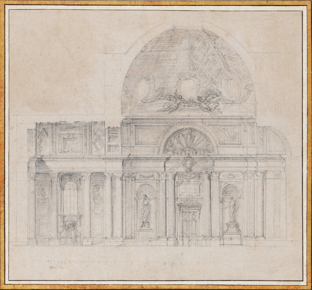 View full screen - View 1 of Lot 47. An elaborate design for a wall elevation, including a door and a window, two niches with sculptures and half a dome with two different choices of decoration.