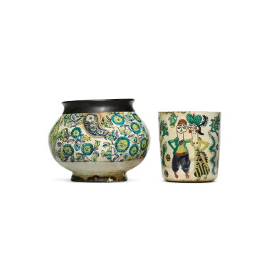 View full screen - View 1 of Lot 77. A Kütahya polychrome pottery jar and a figural beaker, Turkey, 18th century.