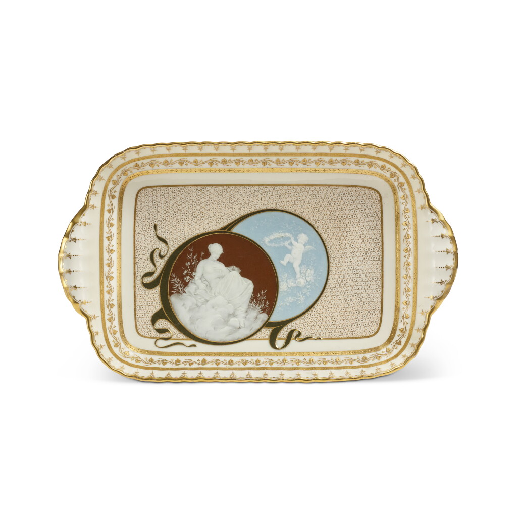 View full screen - View 1 of Lot 386. A Mintons Pâte-sur-Pâte Ivory-Ground Two-Handled Rectangular Tray, Circa 1885.