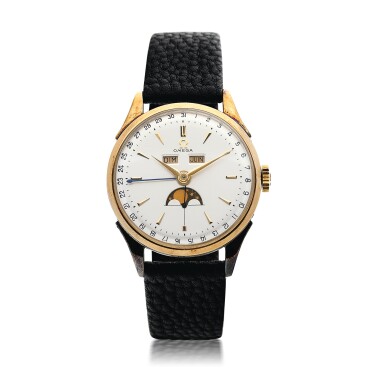 View full screen - View 1 of Lot 39. REFERENCE 2606-2 A STAINLESS STEEL AND PLATED GOLD TRIPLE CALENDAR WRISTWATCH WITH MOON PHASES, CIRCA 1950.