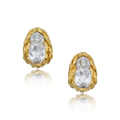 View full screen - View 1 of Lot 469. Pair of Gold, Rock Crystal and Diamond Earclips.