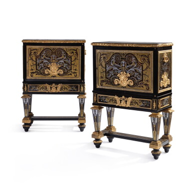 View full screen - View 1 of Lot 19. A pair of ebony, satinwood, amaranth, brass, tortoiseshell Boulle marquetry with gilt-bronze mounts cabinets Louis XV, circa 1760, by J. Dubois, possibly incorporating some Louis XIV elements, probably made by merchant Claude-François Julliot | Paire de cabinets en ébène, placage de satiné et d'amarante, marqueterie d'écaille brune, laiton, ébène et bronze doré, d'époque Louis XV vers 1760 par Jacques Dubois, incorporant probablement des éléments d'époque Louis XIV, sans doute réalisés sous la direction du marchand Claude-François Julliot.