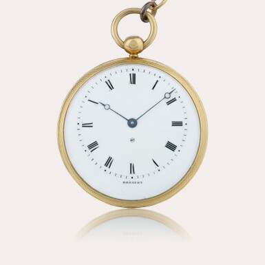 View full screen - View 1 of Lot 64. A very fine and small 18ct gold open-faced ruby cylinder watch with eccentric dial, specially sealed case, gold chain and key.