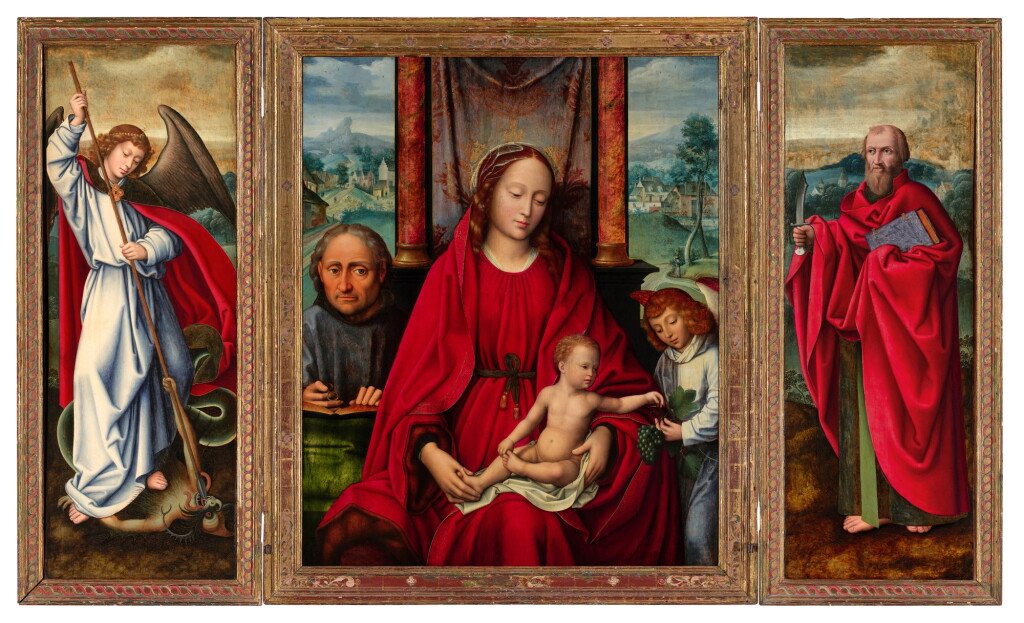 View full screen - View 1 of Lot 304. Triptych: Madonna and Child with Saint Joseph and an Angel (center); Archangel Michael (left); Saint Bartholomew (right).