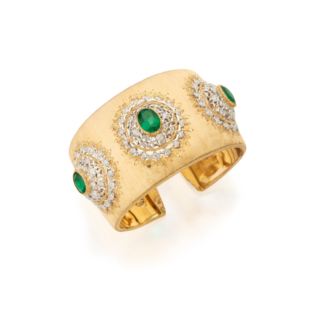 View full screen - View 1 of Lot 398. Buccellati | Gold, Emerald and Diamond Cuff-Bracelet.