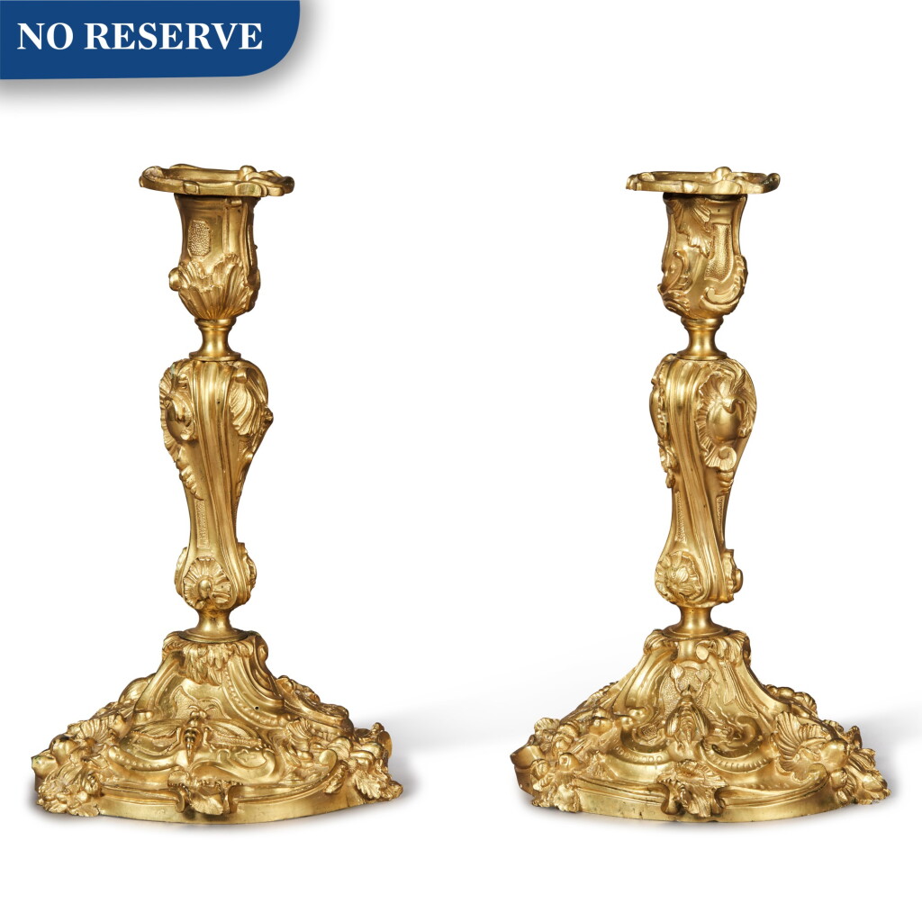 View full screen - View 1 of Lot 250. A Pair of Louis XV Style Gilt Bronze Candlesticks, Late 19th Century.