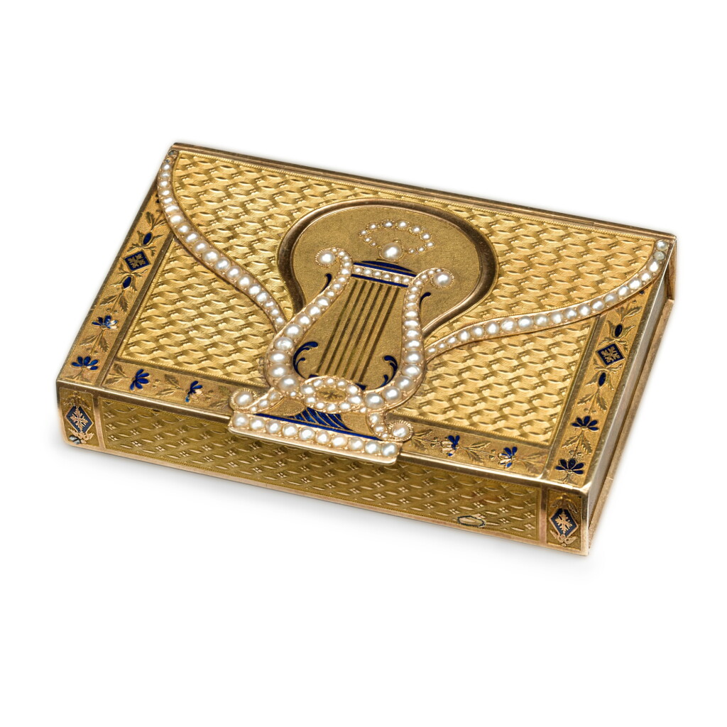 View full screen - View 1 of Lot 1230. A pearl-set gold and enamel musical snuff box, Joly, Chenevard & Jouvet, Geneva, circa 1815.
