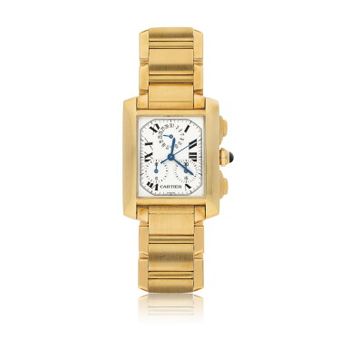 View full screen - View 1 of Lot 40. CARTIER | REF 1830 TANK FRANÇAISE CHRONOGRAPHE, A YELLOW GOLD RECTANGULAR CHRONOGRAPH WRISTWATCH WITH DATE AND BRACELET CIRCA 2000.