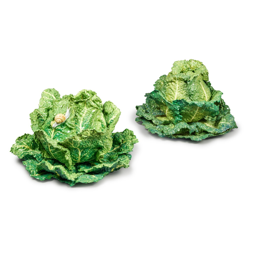 View full screen - View 1 of Lot 241. Two Very Large Tin-Glazed Earthenware Cabbage Tureens, Covers and Stands, Modern.