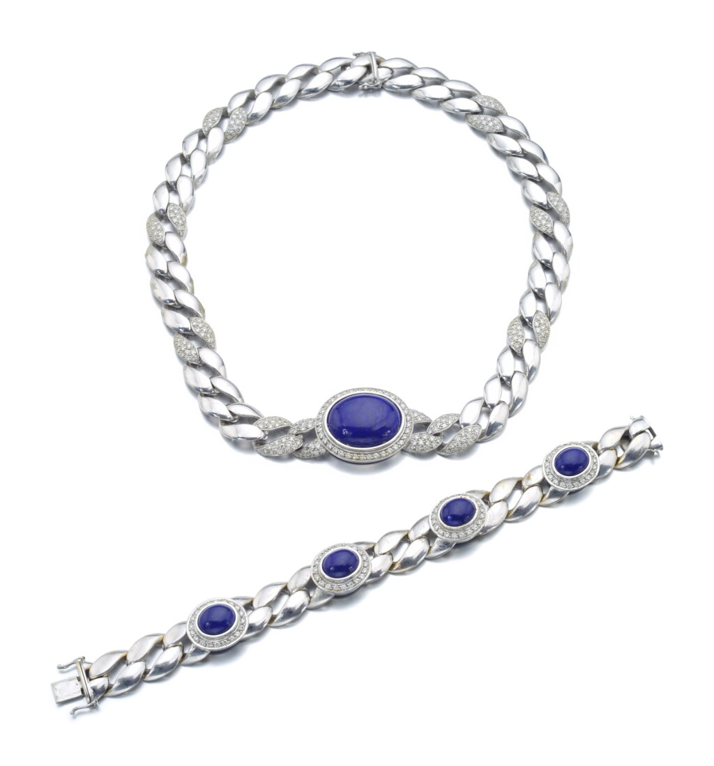 View full screen - View 1 of Lot 56. LAPIS LAZULI AND DIAMOND DEMI-PARURE.