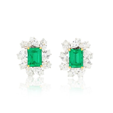View full screen - View 1 of Lot 171. Emerald and diamond ear clips .