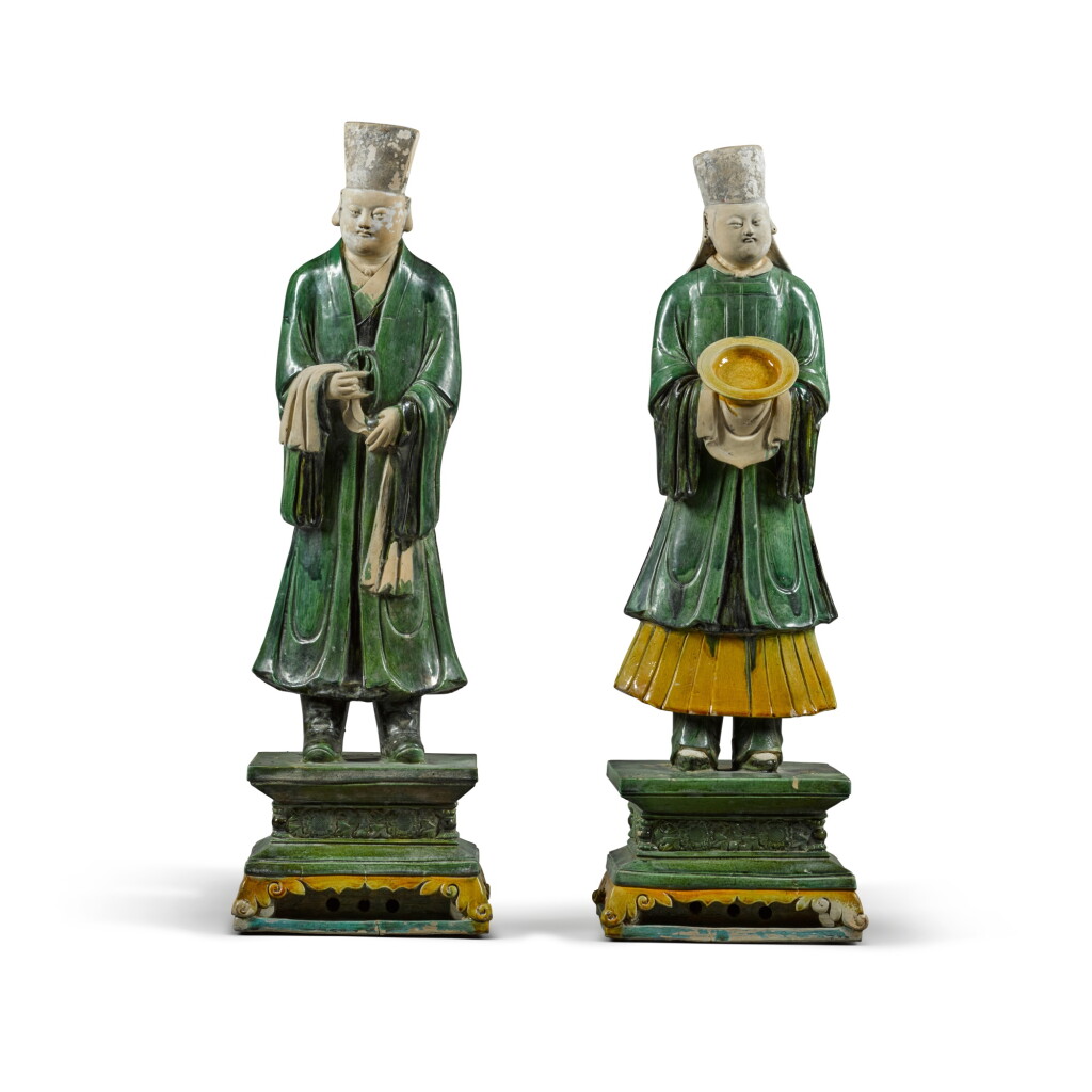 View full screen - View 1 of Lot 296. Two rare large pottery sancai-glazed attendants, Ming dynasty | 明 三彩陶俑一組兩尊.