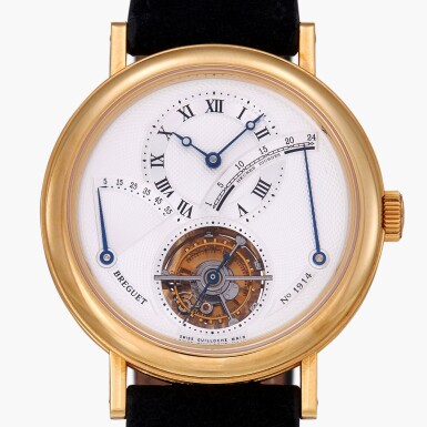 View full screen - View 1 of Lot 24. Reference 3657 | A yellow gold tourbillon wristwatch with power reserve and retrograde 24-hour indication | Circa 2000.
