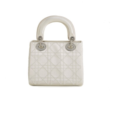View full screen - View 1 of Lot 750. DIOR | CREAM LADY DIOR MINI BAG IN SATIN WITH MINI PEARL BEADING CANNAGE AND CRYSTAL TRIM.