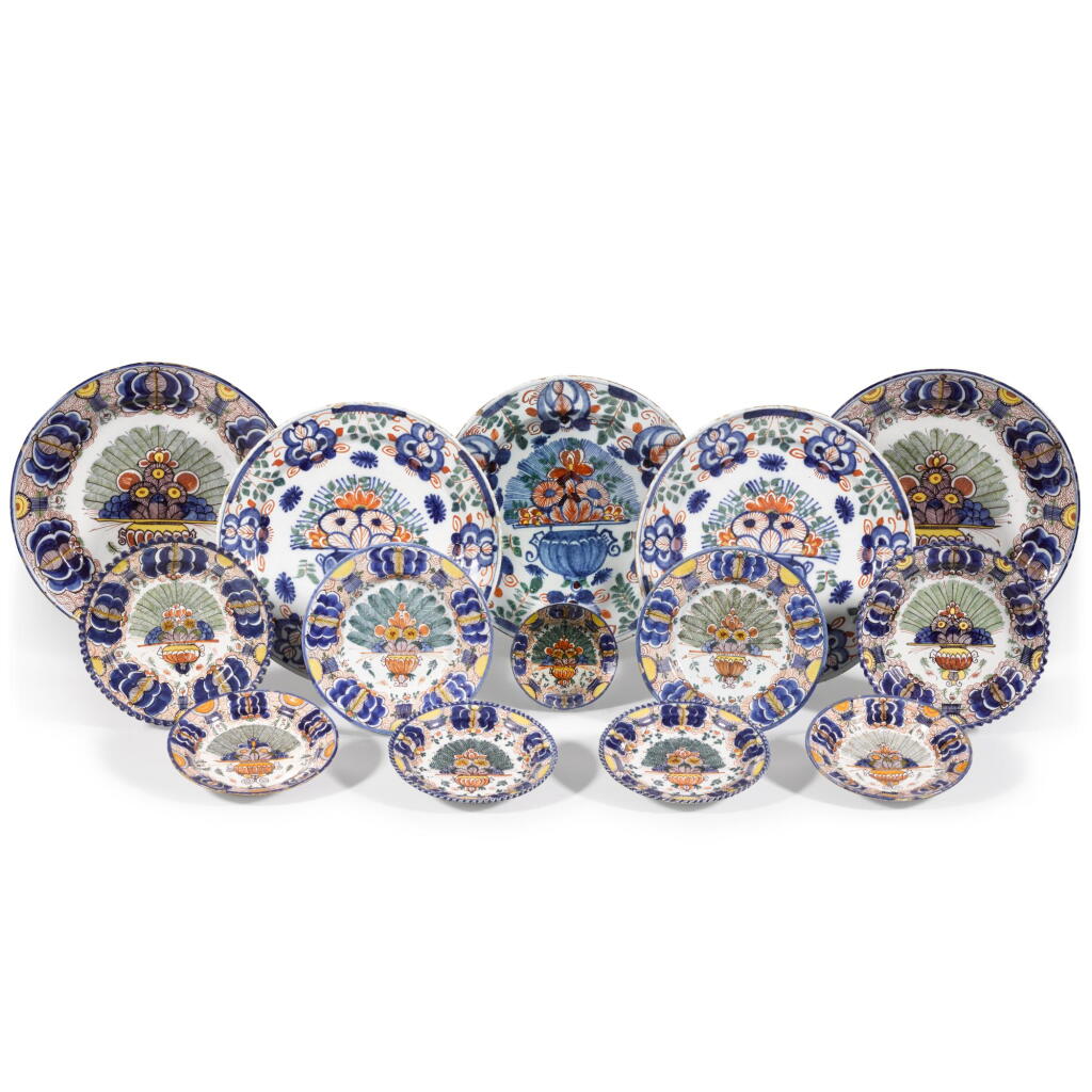 View full screen - View 1 of Lot 45. Fourteen Delft polychrome 'peacock' pattern dishes and plates, late 18th century, various factories.