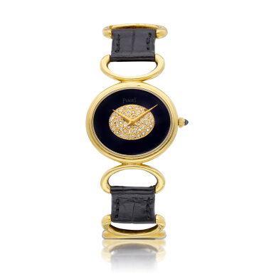 View full screen - View 1 of Lot 8297. A yellow gold and diamond-set wristwatch with onyx dial, Circa 1980 | 伯爵 黃金鑲鑽石腕錶,備瑪瑙錶盤,約1980年製.