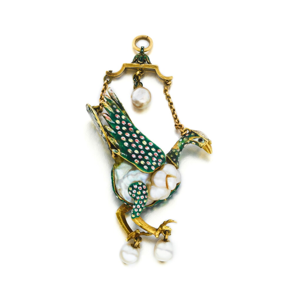 View full screen - View 1 of Lot 1010. An enamelled gold and baroque pearl pendant in the shape of a Bird, Hispano-Flemish, circa 1600 and later.