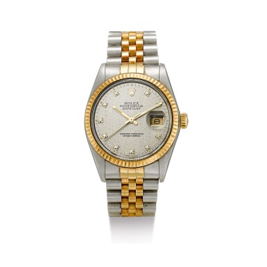 View full screen - View 1 of Lot 856. ROLEX | DATEJUST, REFERENCE 16013, A YELLOW GOLD, STAINLESS STEEL AND DIAMOND-SET WRISTWATCH WITH DATE AND BRACELET, CIRCA 1987.