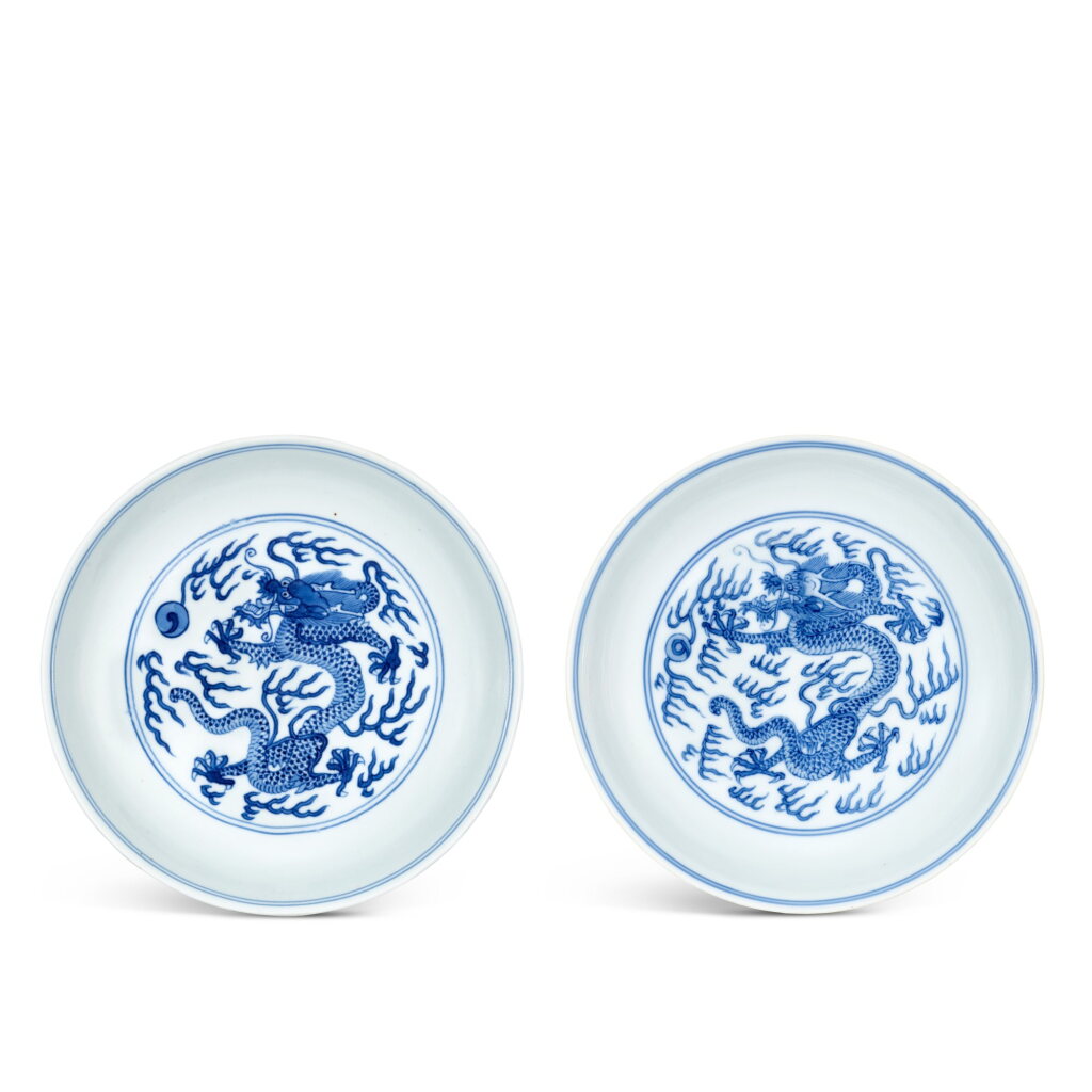 View full screen - View 1 of Lot 442. Two blue and white 'dragon' dishes, Seal marks and period of Daoguang 清道光 青花趕珠龍紋盤一組兩件 《大清道光年製》款.