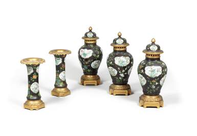 View full screen - View 1 of Lot 26. A garniture of gilt-bronze mounted Famille Noire vases, Qing dynasty, 19th century, the mounts in Louis XVI style, late 19th century.