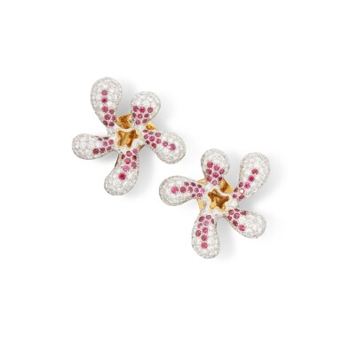 View full screen - View 1 of Lot 130. Pair of Ruby and Diamond Earclips.