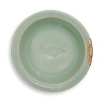 A molded 'Longquan' celadon-glazed 'fish' saucer dish, Southern Song dynasty | 南宋 龍泉窰青釉印魚紋小盤
