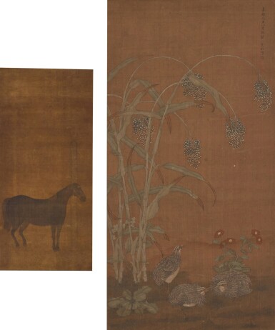 View full screen - View 1 of Lot 33. Two paintings depicting animals | (款)陸治《豐稔圖》設色絹本 立軸 及 佚名《仿趙孟頫畫馬圖》水墨絹本 立軸一組兩件.