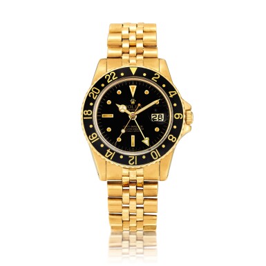 View full screen - View 1 of Lot 2262. Rolex | GMT-Master II "Nipple Dial", Reference 1675, A yellow gold dual time zone wristwatch with date and bracelet, Circa 1978 | 勞力士 | GMT-Master II "Nipple Dial" 型號1675 黃金兩地時間鏈帶腕錶,備日期顯示,約1978年製.