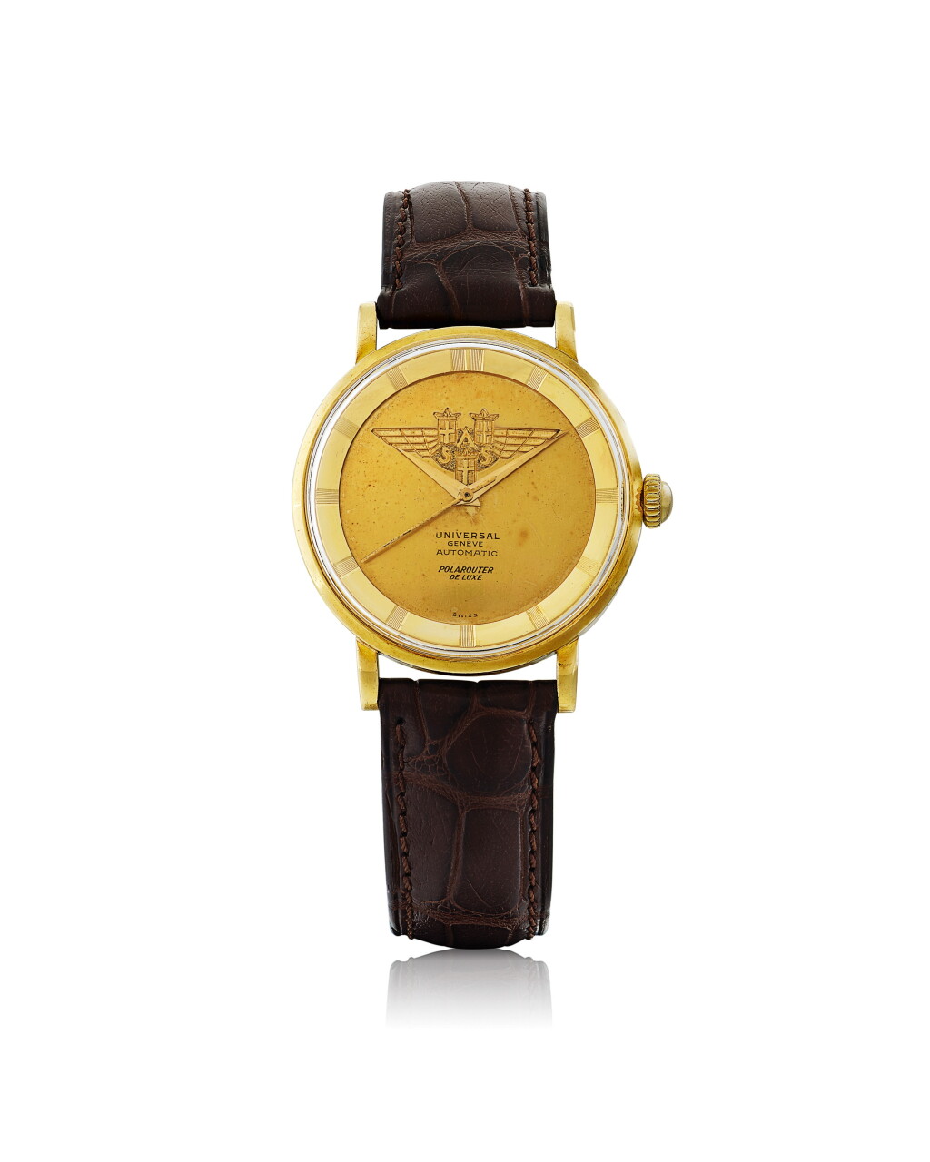 View full screen - View 1 of Lot 32. UNIVERSAL GENÈVE | MADE FOR SCANDINAVIAN AIRLINES SYSTEM: POLAROUTER DELUXE, REF 10234/1 YELLOW GOLD WRISTWATCH CIRCA 1955.