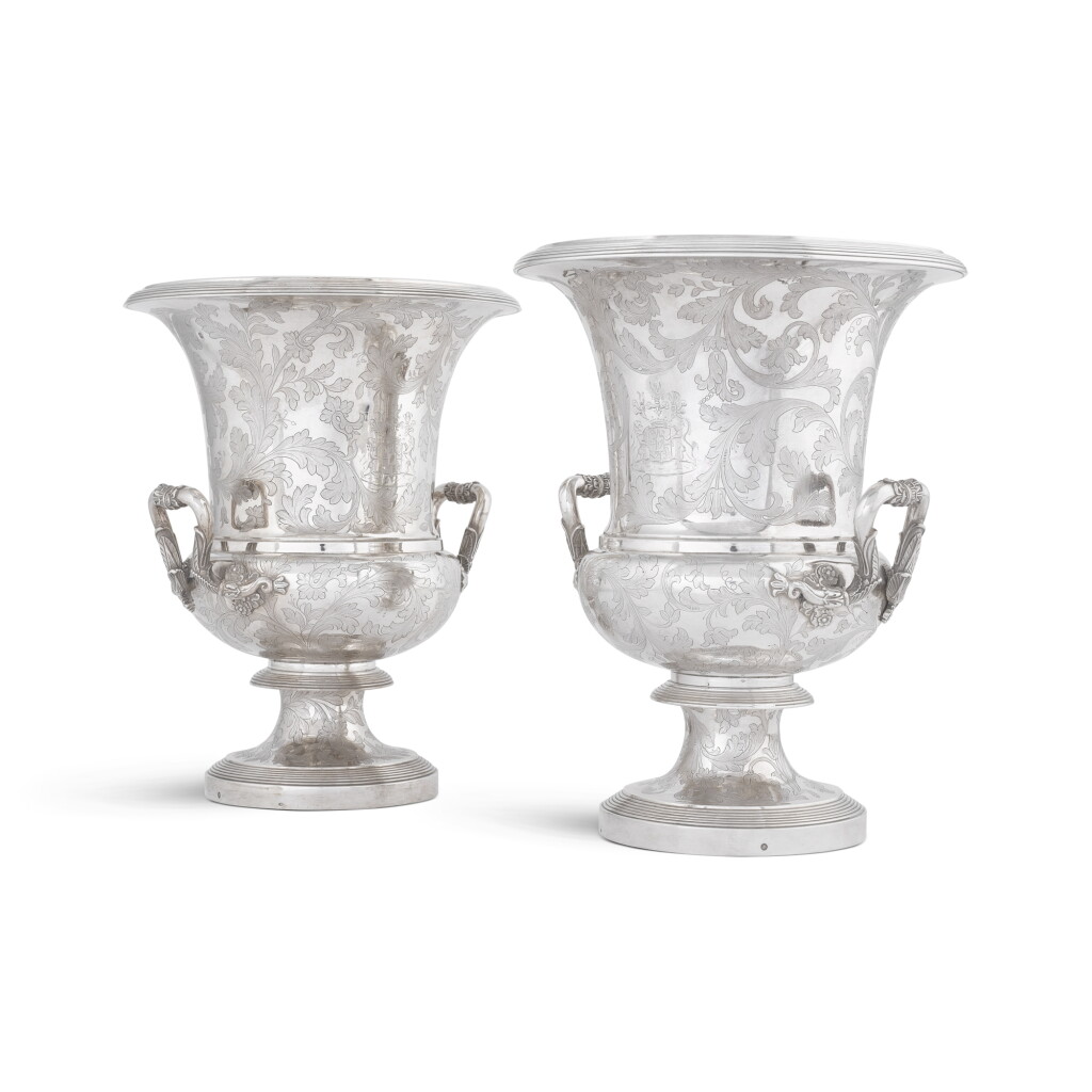 View full screen - View 1 of Lot 128. A pair of French silver wine coolers, Frederic Achille Boulanger, Paris, 1819-1838 marks.