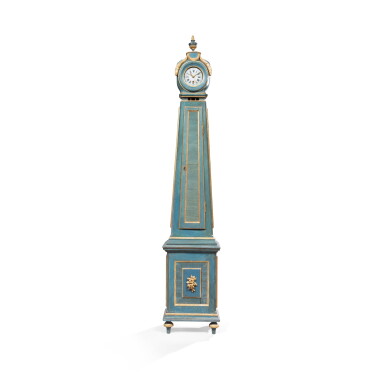 View full screen - View 1 of Lot 504. A Louis XVI painted pine and parcel-gilt régulateur de parquet, Paris, circa 1780, signed by Jean Arthur.