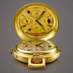 Reference 839 | A unique yellow gold minute repeating perpetual calendar hunting case watch with moon phases, Movement manufactured in 1874 and sold in 1875, Re-cased upon special request in 1962 | 百達翡麗 | 型號839 | 獨一無二黃金三問萬年曆獵殼懷錶,備月相顯示,機芯於1874年製及於1875年售,於1962年應特別要求安裝新錶殼