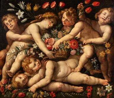 View full screen - View 1 of Lot 67. Milanese School, early 17th Century, Putti playing with flowers | Ecole milanaise du début du XVIIe siècle, Putti jouant avec des fleurs.