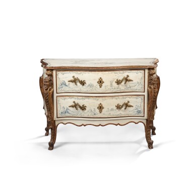 View full screen - View 1 of Lot 127. A German gilt-bronze mounted painted and giltwood commode, Munich, circa 1750, probably after a design by Joseph Effner or François de Cuvilliès.