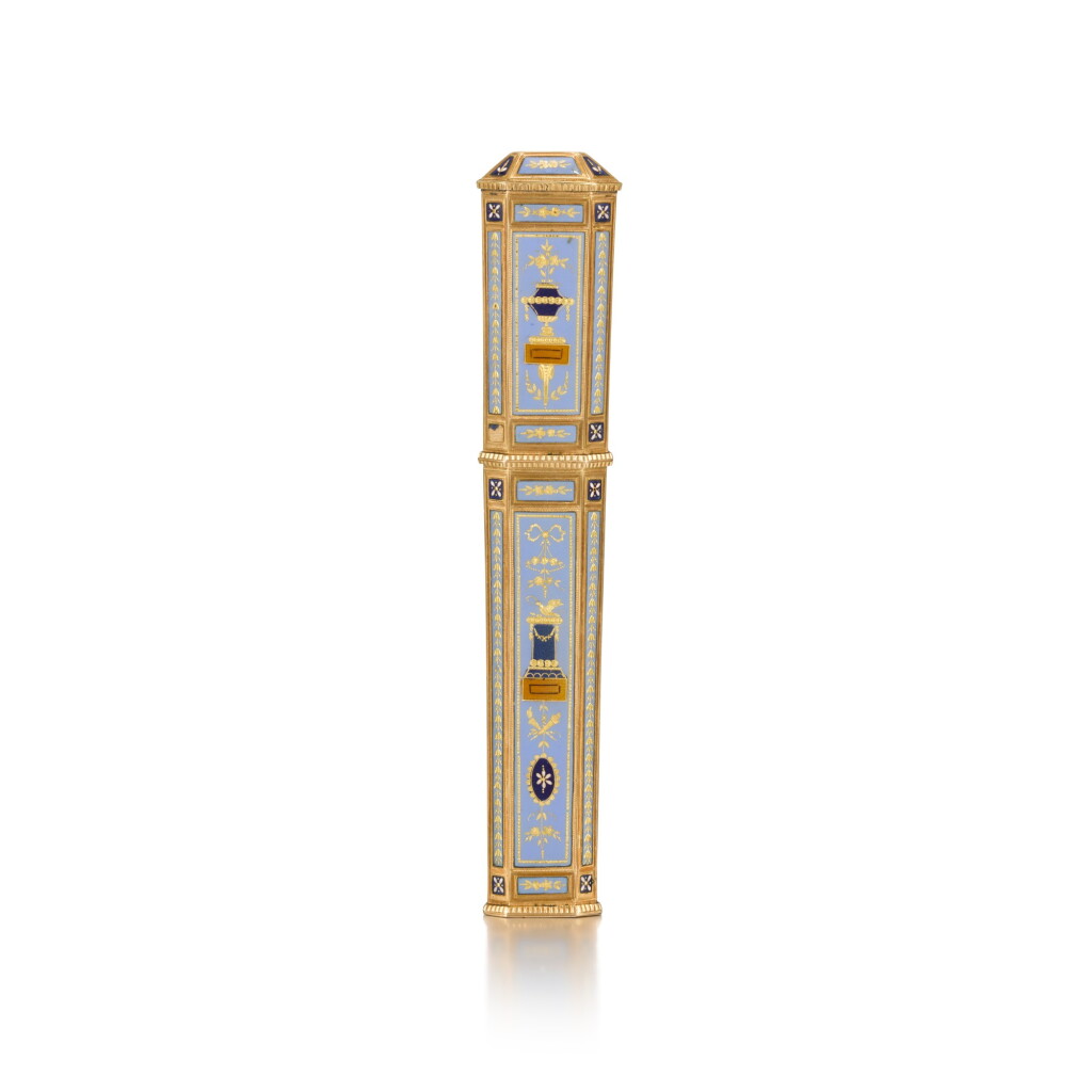 View full screen - View 1 of Lot 13. A gold and enamel bodkin case, probably Jean-Joseph-Isaac Bellamy, Geneva, circa 1790.