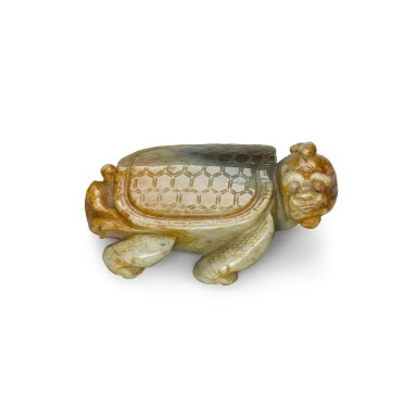 View full screen - View 1 of Lot 76. A celadon and russet jade 'dragon turtle', 20th century | 二十世紀 青玉龍龜.