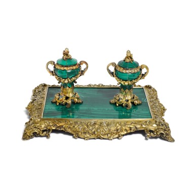 View full screen - View 1 of Lot 104. A William IV silver-gilt mounted malachite inkstand, John Eldershaw Brunt, London, 1837.