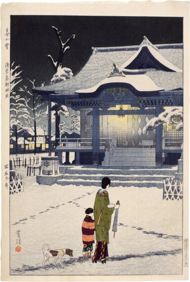 View full screen - View 1 of Lot 48. Kasamatsu Shiro (1898-1991) | Spring Snow at Torigoe Shrine, Asakusa (Haru no yuki, Asakusa Torigoe jinja) | Showa period, 20th century.
