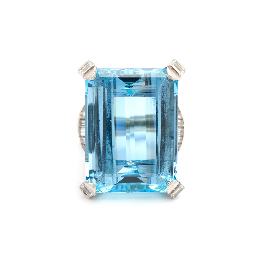 View full screen - View 1 of Lot 18. Aquamarine and diamond ring.