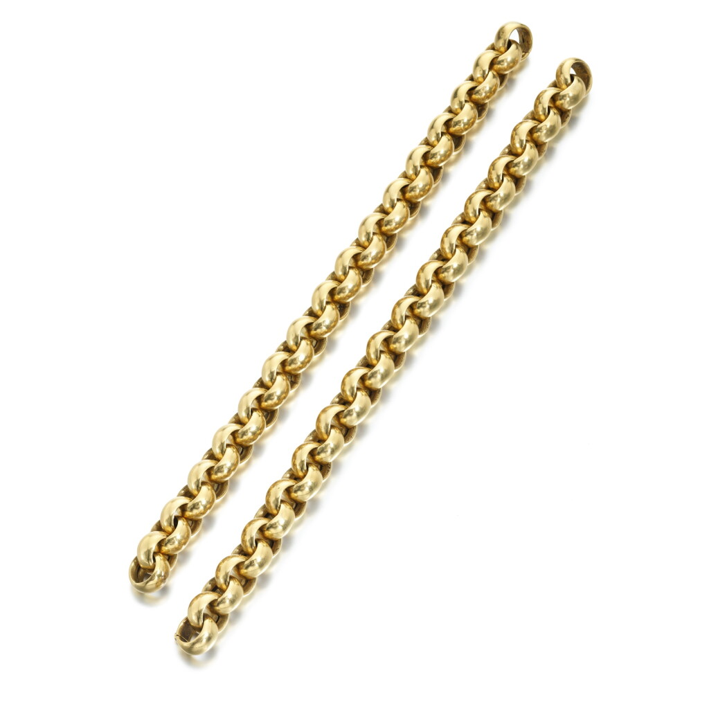 View full screen - View 1 of Lot 970. Pair of gold bracelets, 1940s.