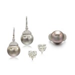 Pair of Diamond Earrings; and Cultured Pearl and Diamond Demi-Parure |Adler| 鑽石耳環一對,及養殖珍珠 配 鑽石戒指 及 耳環套裝